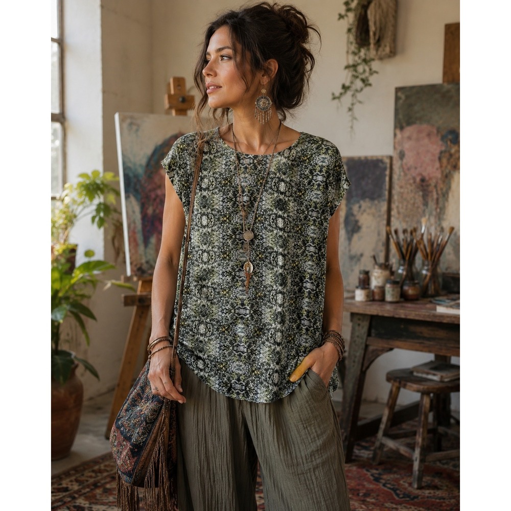 SuperTrash Boulevard Sea Abstract Print V-Neck Sleeveless Top Green Black Boho